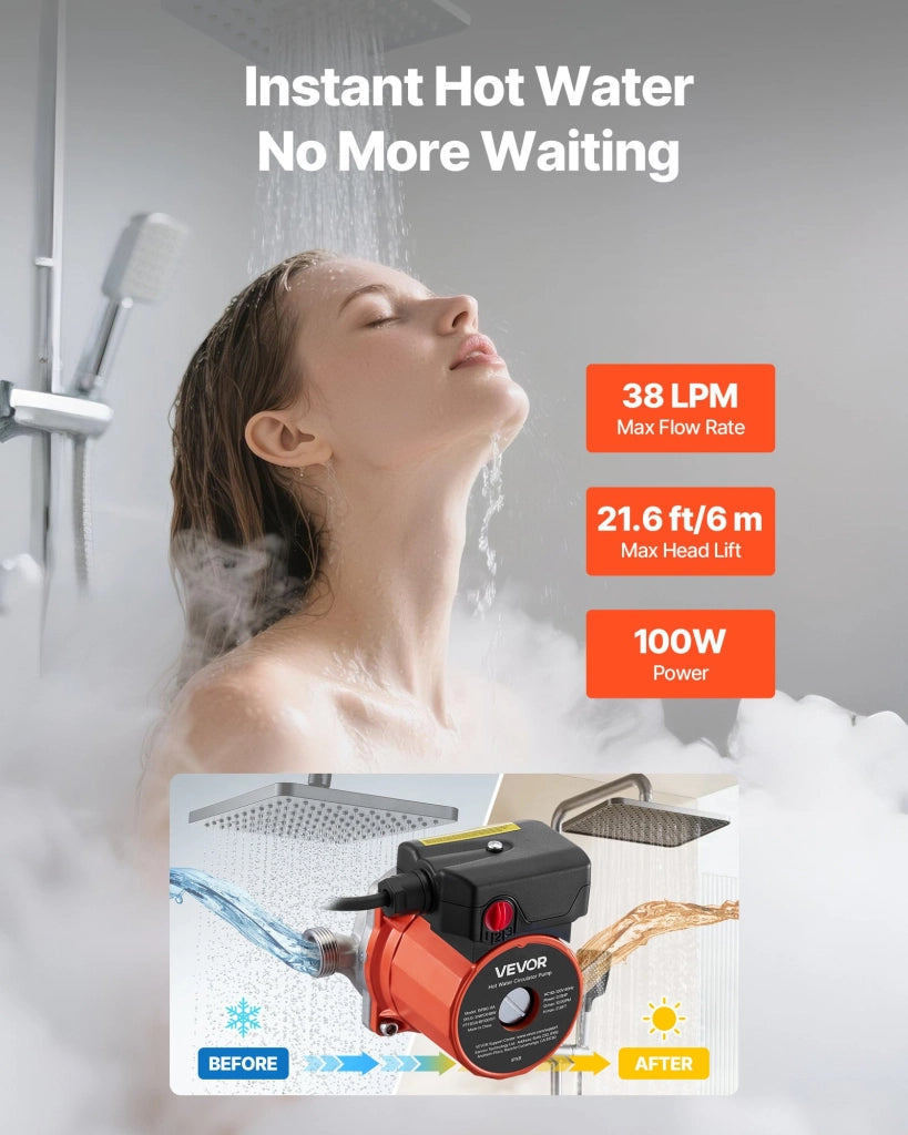 Pompa di Ricircolo Acqua Calda 100W 15PBG-6B, 38 L/min con Timer a 3 Velocità, Testa in Acciaio Inox IPX8 per Scaldabagno Casa