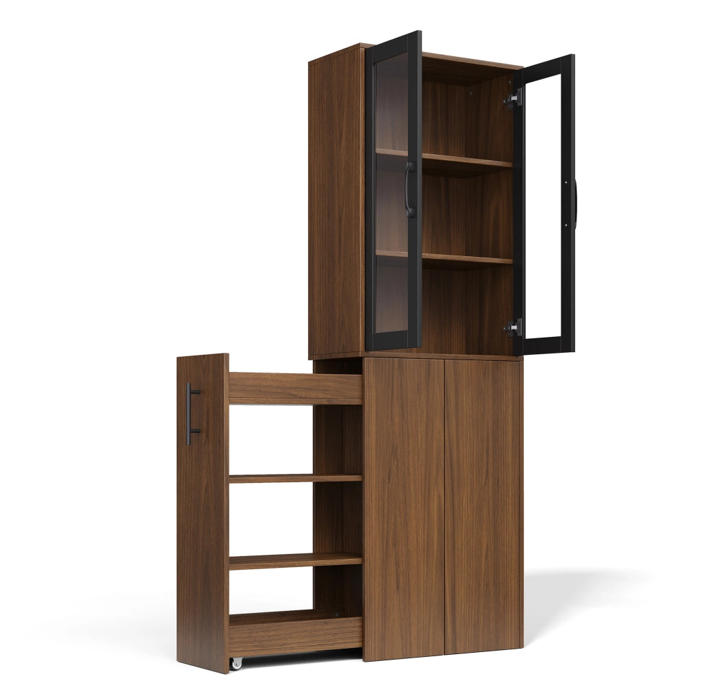Armadio stretto per nicchie 60×30×180 cm con ante in vetro e carrello estraibile, mobiletto salvaspazio per cucina, soggiorno e sala da pranzo