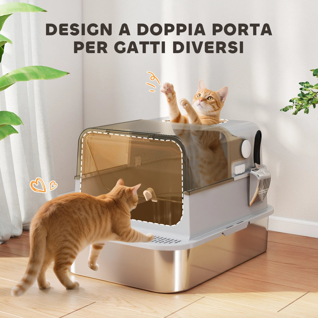 Lettiera Chiusa per Gatti XXL a 2 Porte 70x50x46,5 cm Vaschetta in Acciaio Inox Grigio