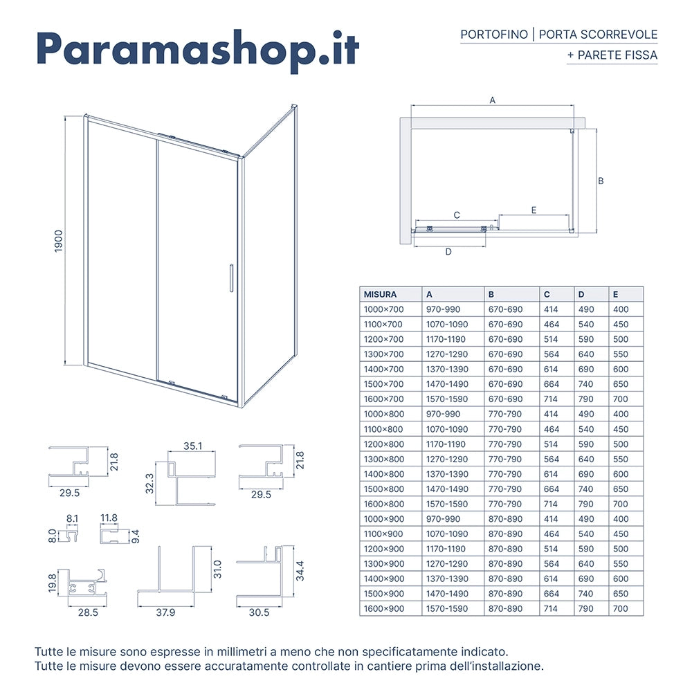 Box doccia slim 90x120cm con porta scorrevole e parete fissa profili cromati e vetro 6mm anticalcare opaco h190| Portofino