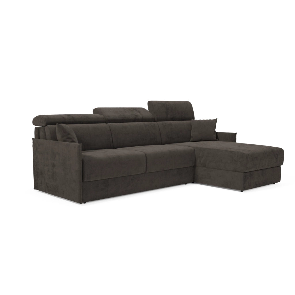 Miryam divano letto angolare compatto - poggiatesta reclinabili e penisola contenitore in tessuto smacchiabile T31 272 cm sinistro nero fumo