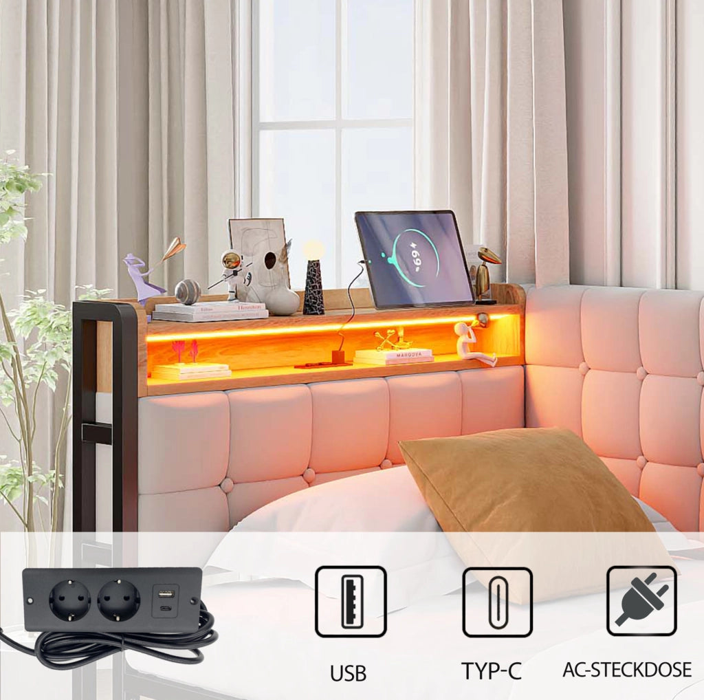Divano letto in tessuto 90 x 200 cm con 2 cassetti; LED; USB e Type-C; beige