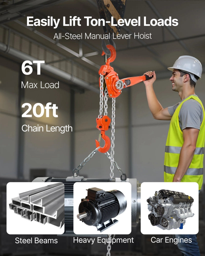 Paranco a Catena Manuale a Leva HSH6.0T, Capacità 6000 kg, Catena Acciaio G80 Sollevamento 6 m, Robusto ed Ergonomico per Officina Garage