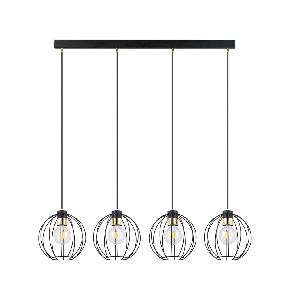 Sospensione Industrial 4 Luci Tiwaz Acciaio Nero A Paralumi Gabbia Con Oro
