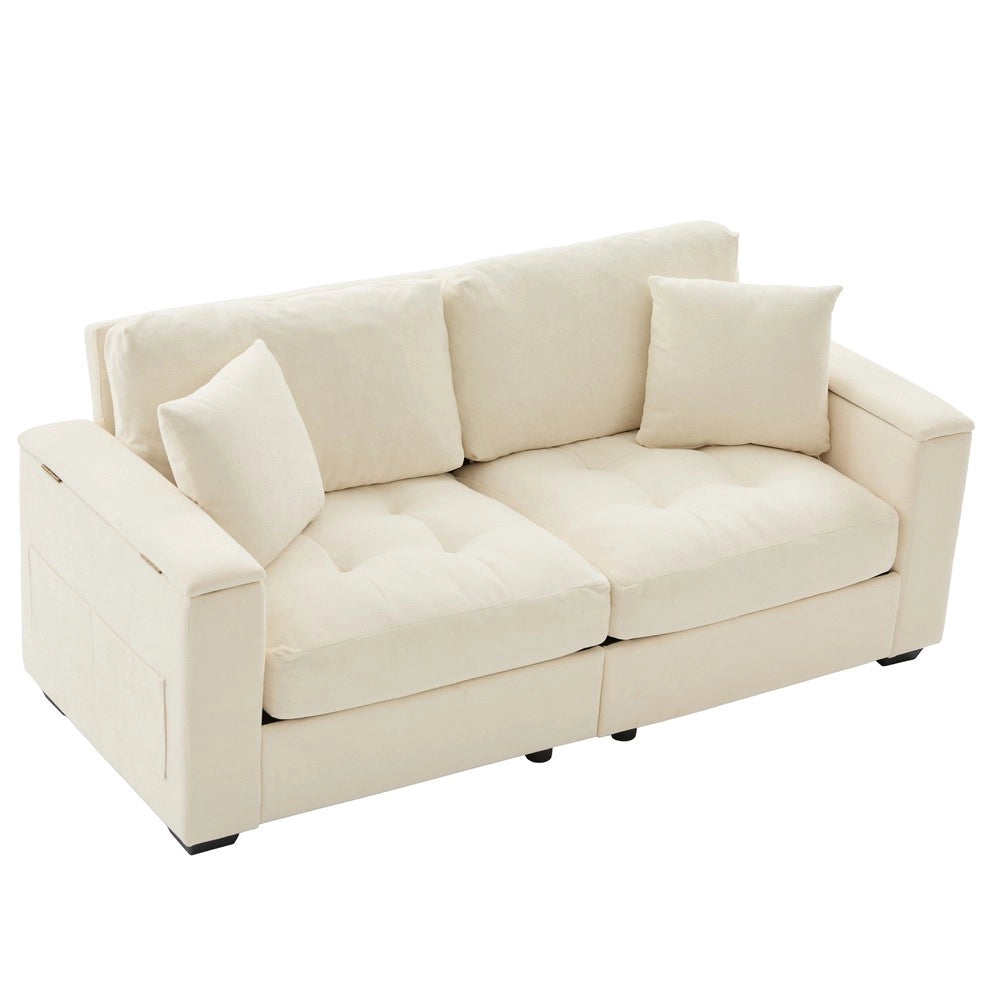 Divano 2 posti con contenitore ¨C Minimal ¨C Beige tessuto imbottito con cuscini