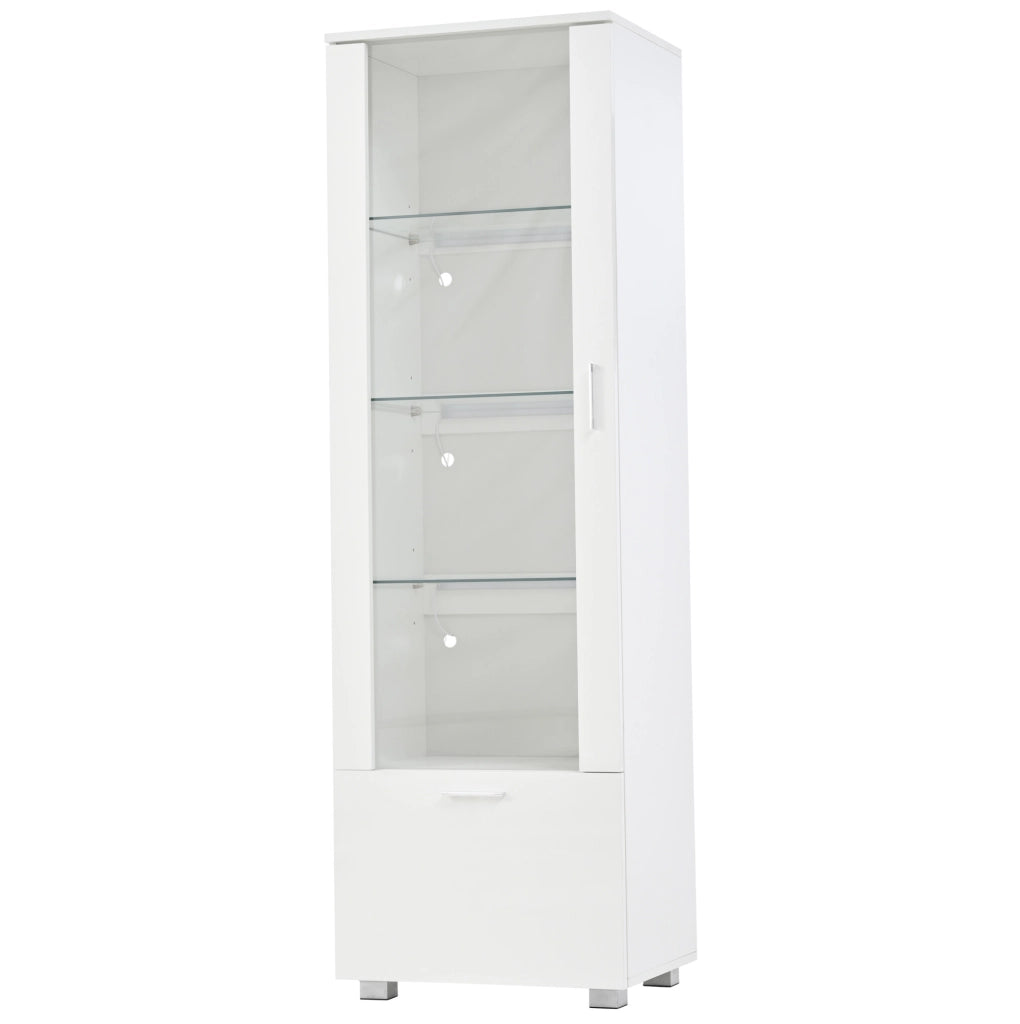 Vetrina bianca lucida 50x40x160 cm con porta in acrilico e ripiani in vetro temperato, illuminazione LED regolabile con telecomando