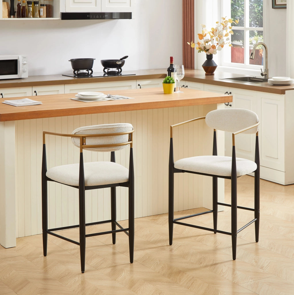 SGABELLO DA BAR Set da 2 pezzi con braccioli, tessuto beige, struttura nero e oro