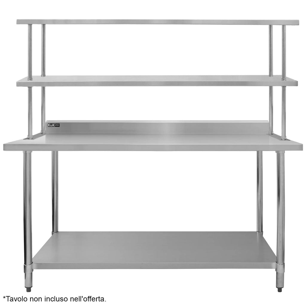 Ripiano con Mensole per Tavolo in Acciaio Inox da Cucina Ristorante, Sovrastruttura di Appoggio per Tavoli in Acciaio Inossidabile Resistente alla Corrosione - Doppia - 180cm