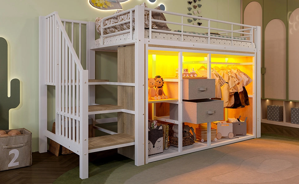 Letto a soppalco 90 × 200 cm con 2 cassetti LED multicolore metallo e MDF bianco