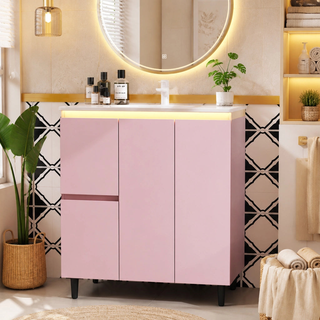 Mobile bagno a terra rosa 76x47x89 cm con lavabo in ceramica; LED sensore radar e 2 cassetti