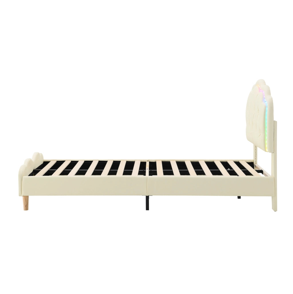 Letto imbottito singolo 90x200 cm con testiera ondulata in PU beige e strisce LED multicolore