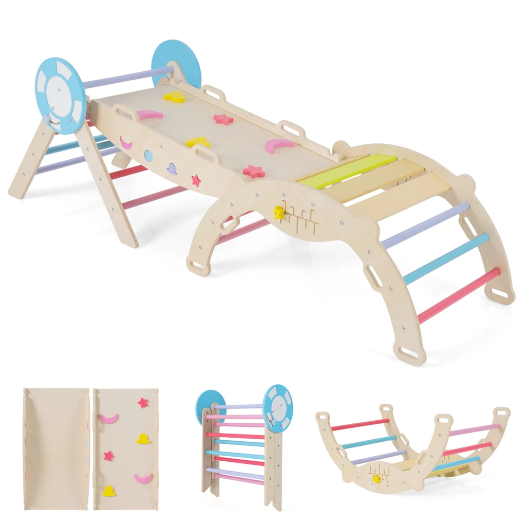 Set triangolare 8 in 1 legno montessori nautico arrampicata scivolo, Set scala arco labirinto palestra interna pieghevole bambini Colorato