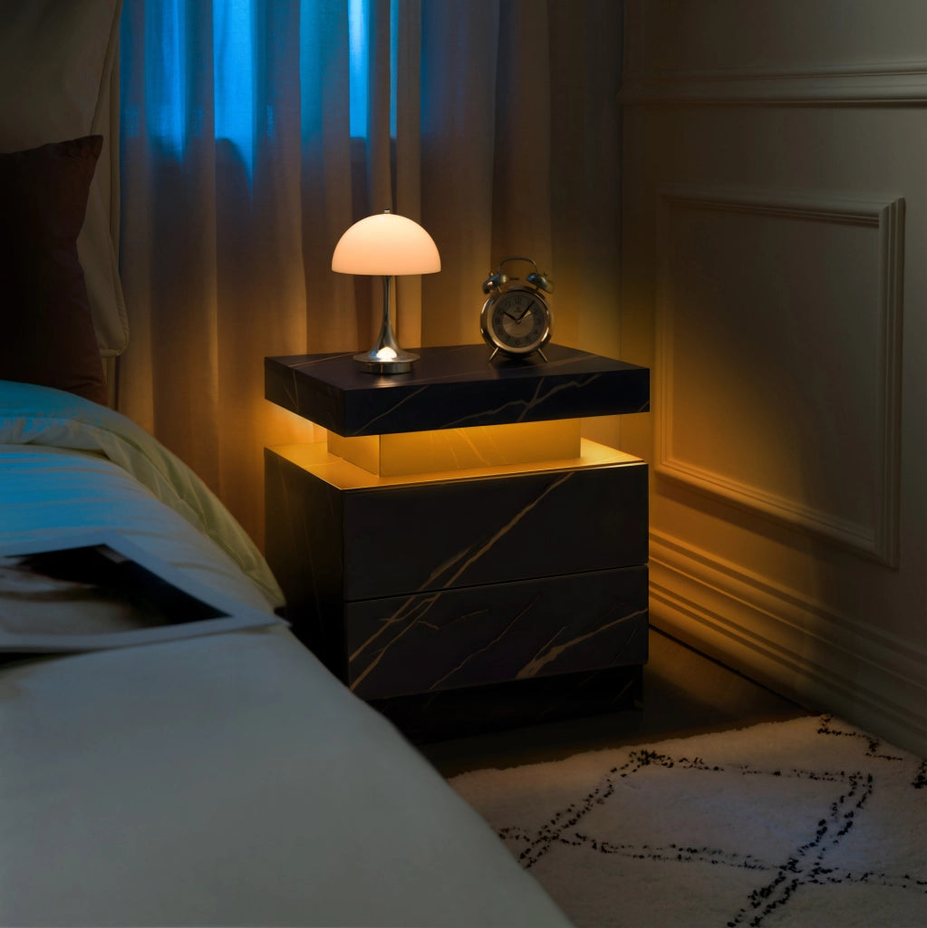 Comodino ULEVR con LED multicolore regolabile, 2 cassetti e vano aperto, nero e oro