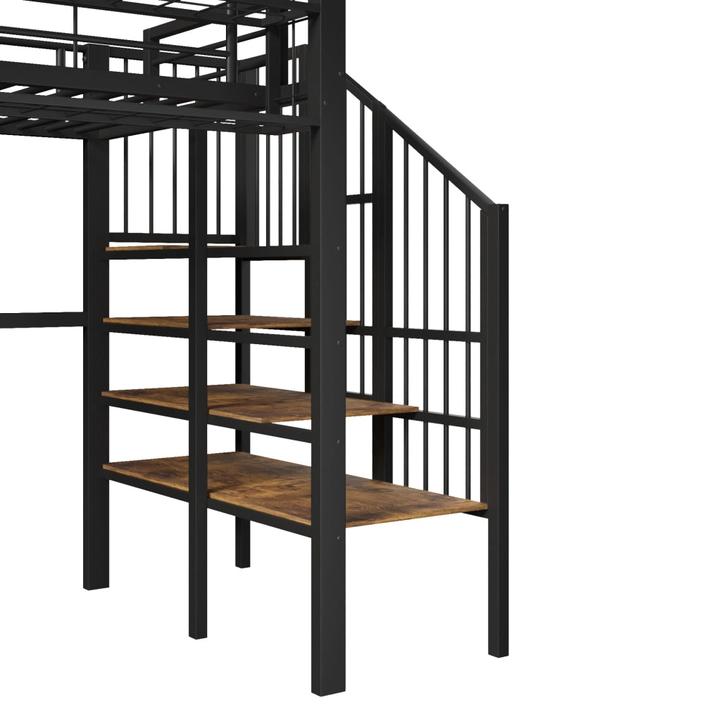 Letto a soppalco 90x200 cm con scala a ripiani, LED e struttura in metallo nero