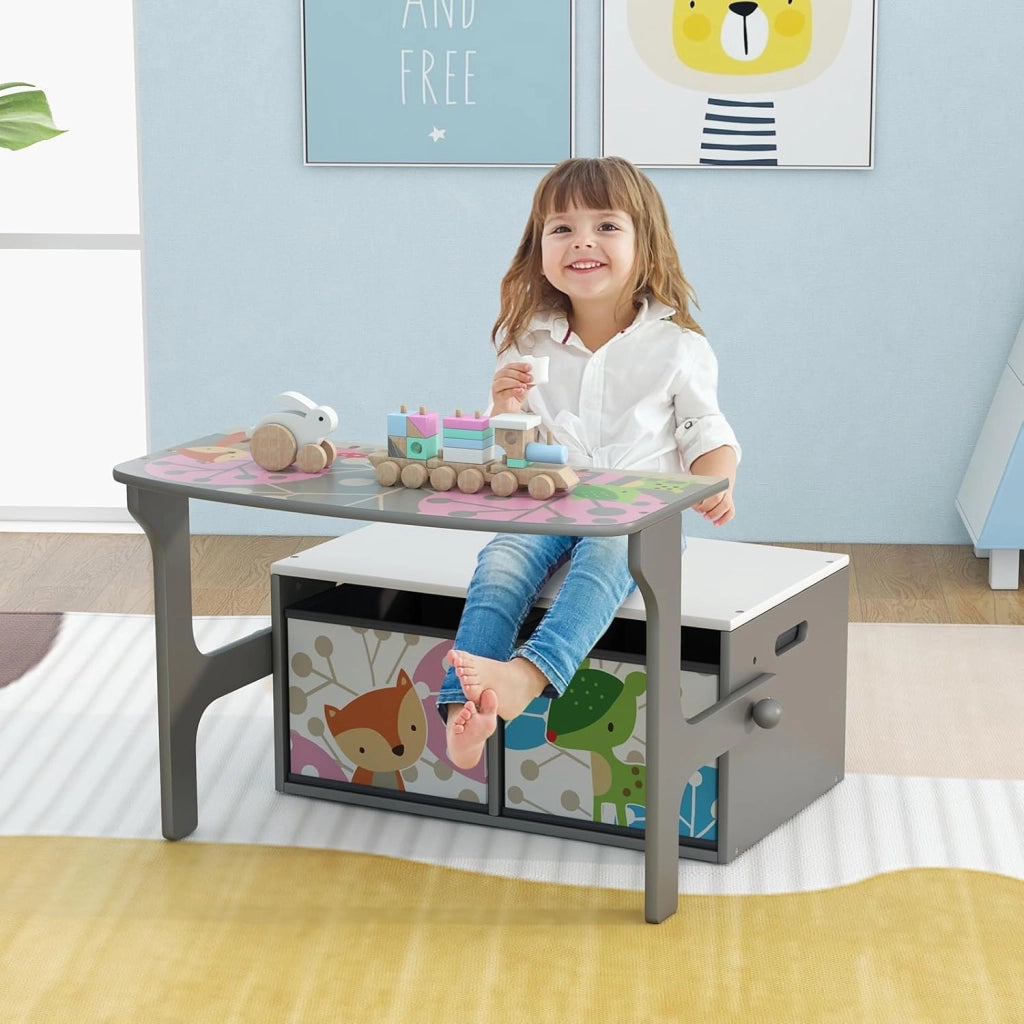 Cassapanca Contenitore 3 in 1 per Bambini Trasformabile in Legno con 2 Cassetti in Tessuto, Tavolo bambini con Sedie Multifunzione, Scatola dei Giocattoli per 3-7 Anni (Grigio)