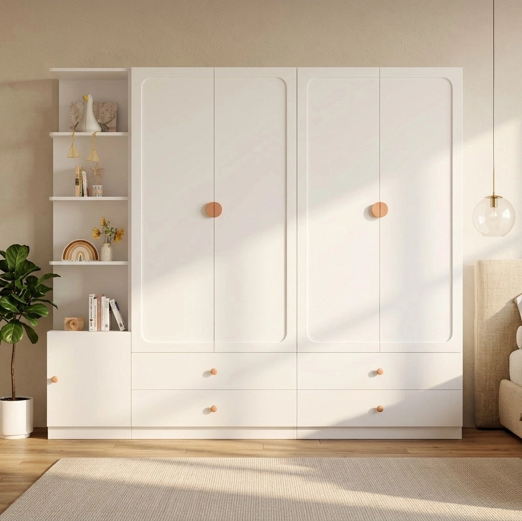 Armadio 225x45x200 cm bianco con 3 appendiabiti, 4 cassetti e modulo laterale reversibile HAVRYA