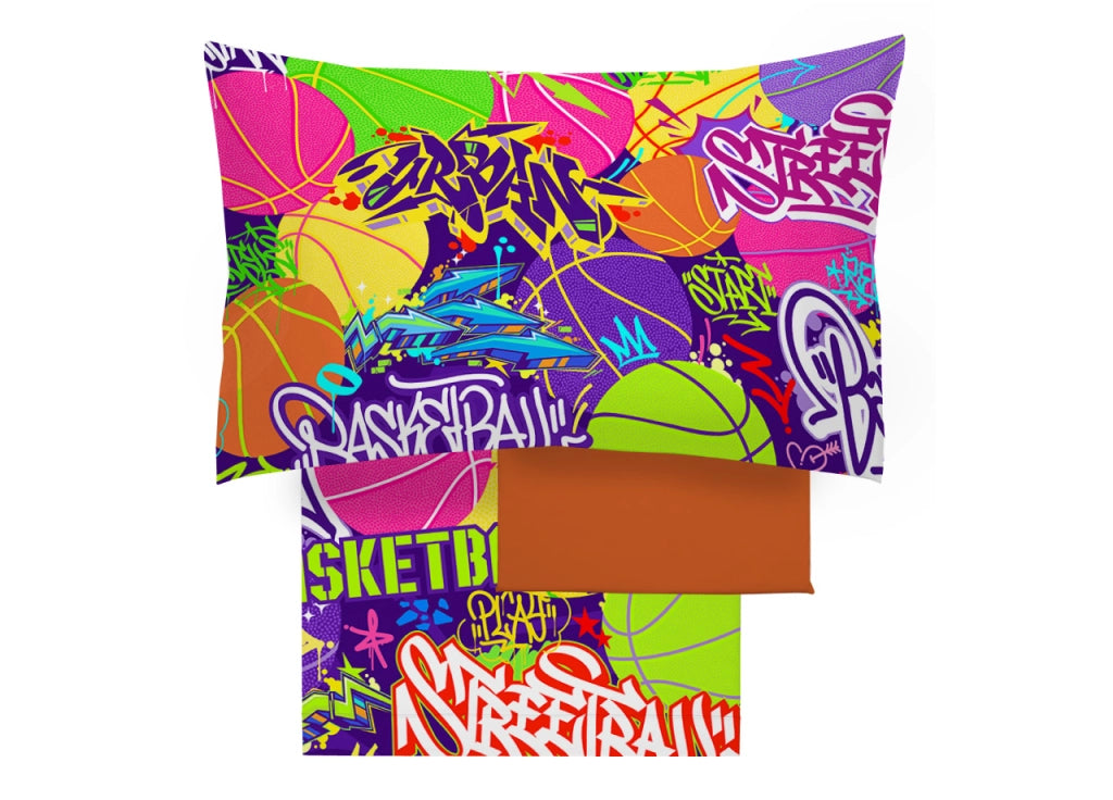 Completo Lenzuola Freestyle Per Ragazzi 100% Cotone Digitale Basket - Piazza E Mezza - Basket