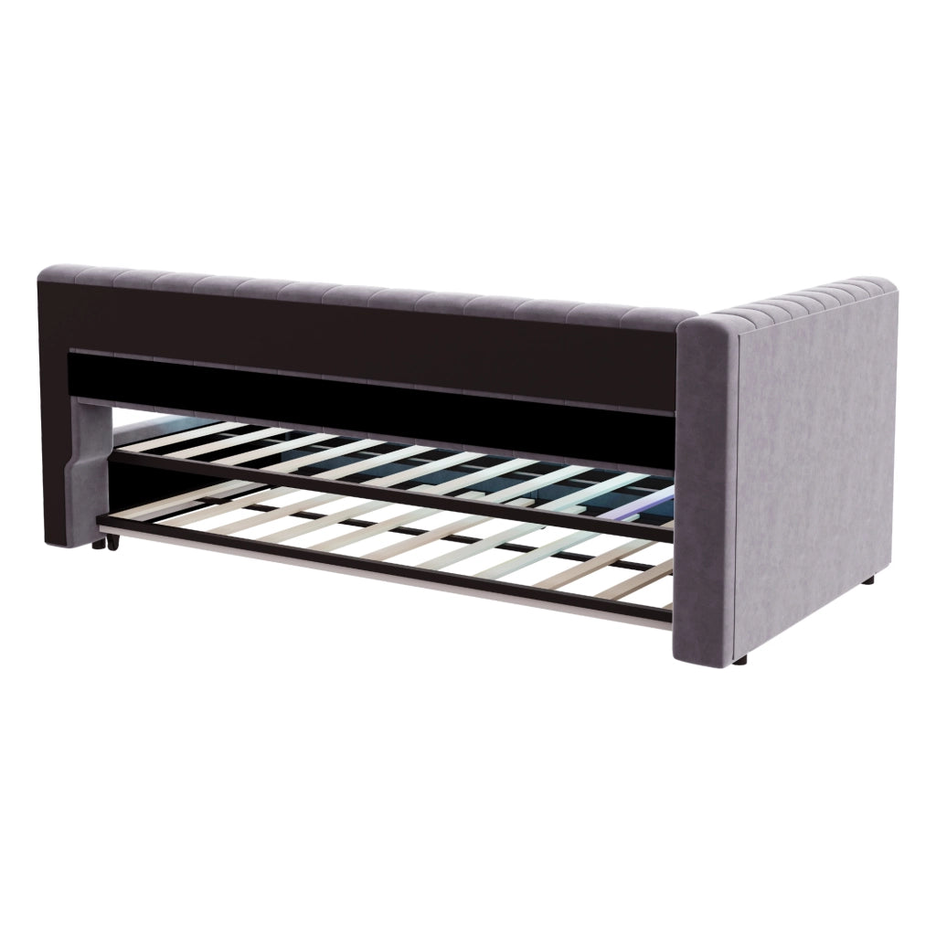 Letto imbottito trasformabile 90x200 cm con LED; USB e ripiani integrati; velluto grigio chiaro