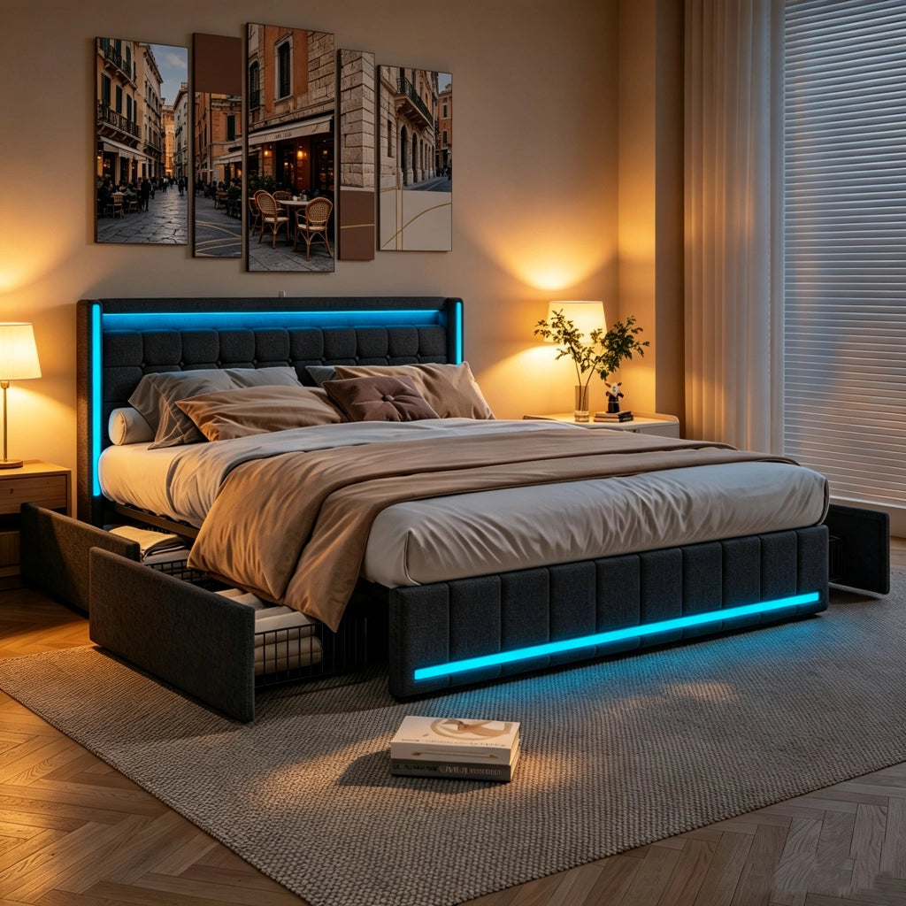Letto Matrimoniale 140x200cm con LED, 4 Cassetti con Ruote, USB et Type C, Letto Contenitore, Senza Materasso, Laterali Lino Grigio, Rete a Dogh
