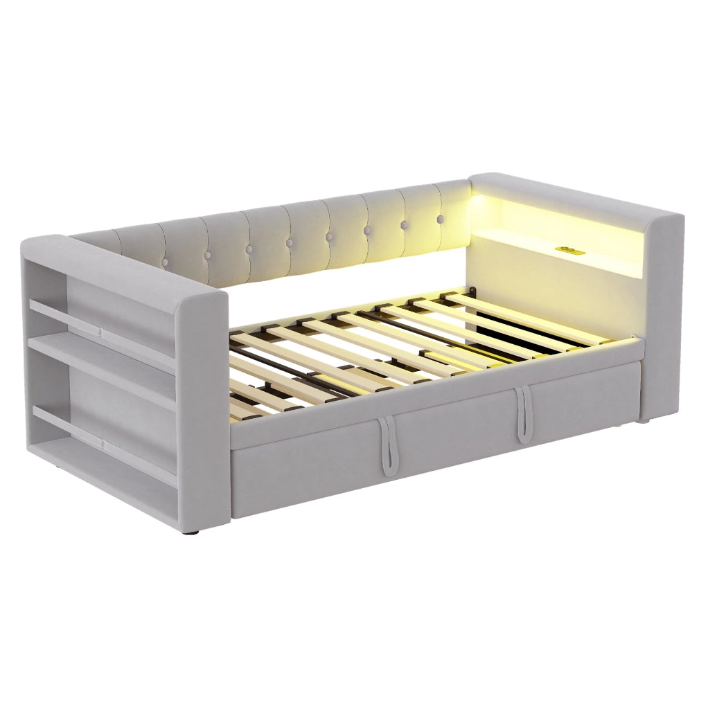 Divano letto multifunzione grigio chiaro 90/180x190 cm con LED