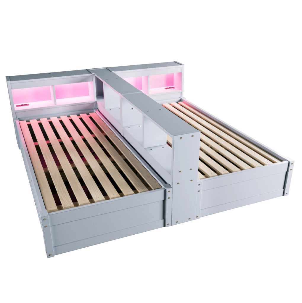 Letto multifunzionale 90/180x200 cm con contenitore idraulico, LED e prese, grigio