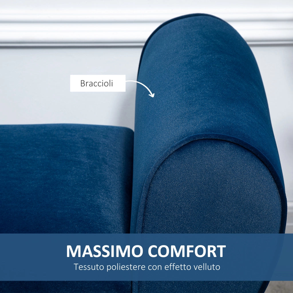 Panca Contenitore Imbottita in Tessuto Vellutato Blu con Braccioli e Gambe in Legno, 118x42x66cm, per Fondo Letto Casa