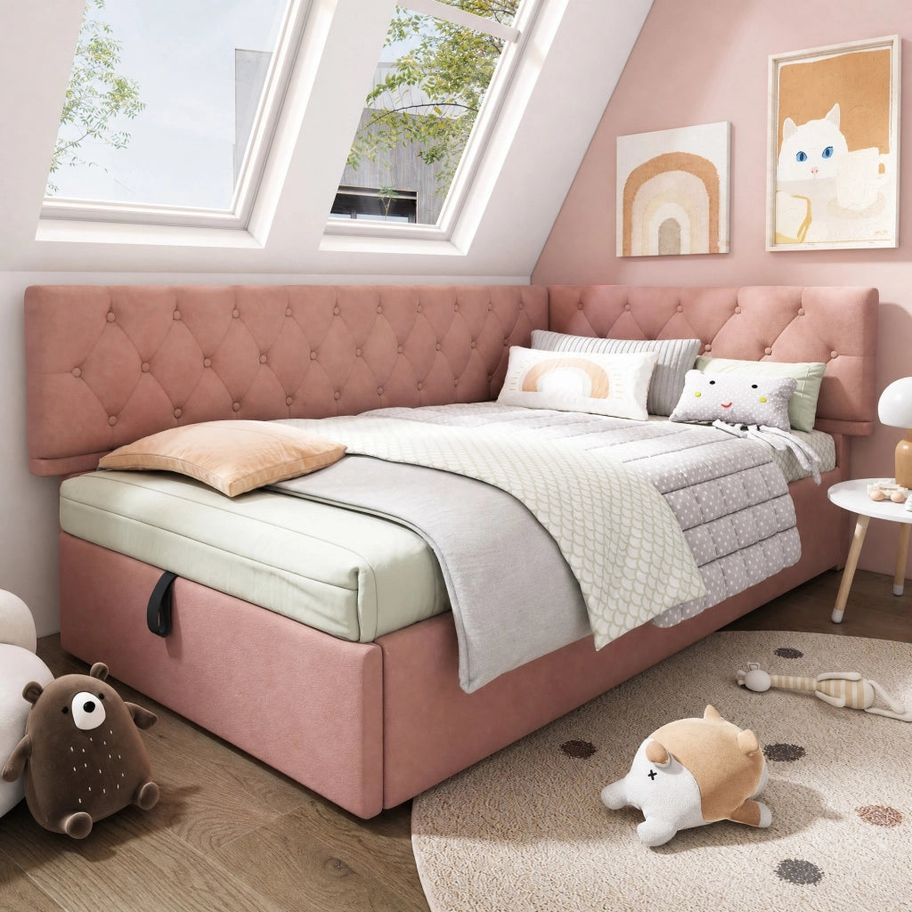 Letto daybed 90x190 cm in velluto rosa con contenitore idraulico