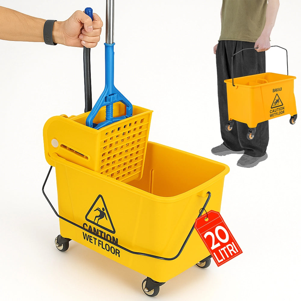 Carrello Pulizie Professionale Secchio Lavapavimenti 20 Lt per Mocio con Ruote
