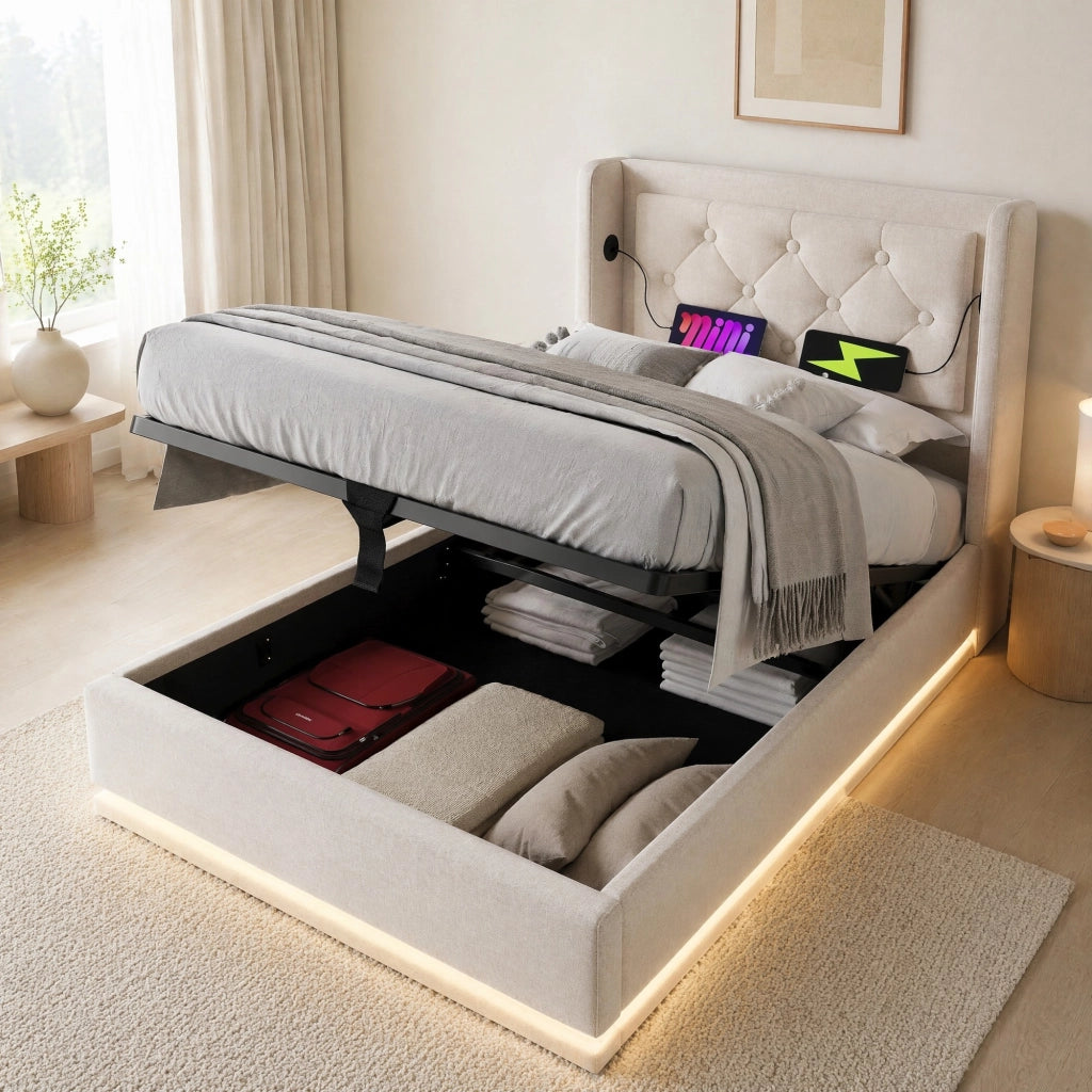 Letto contenitore 90 × 200 cm beige in cotone con LED; USB e Type-C