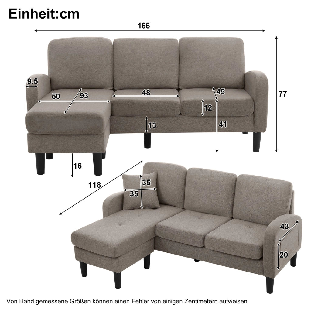 Divano Angolare con Chaise Longue 3 Posti ¨C MINIMAL ¨C Tessuto Cotone, 166x118x77 cm