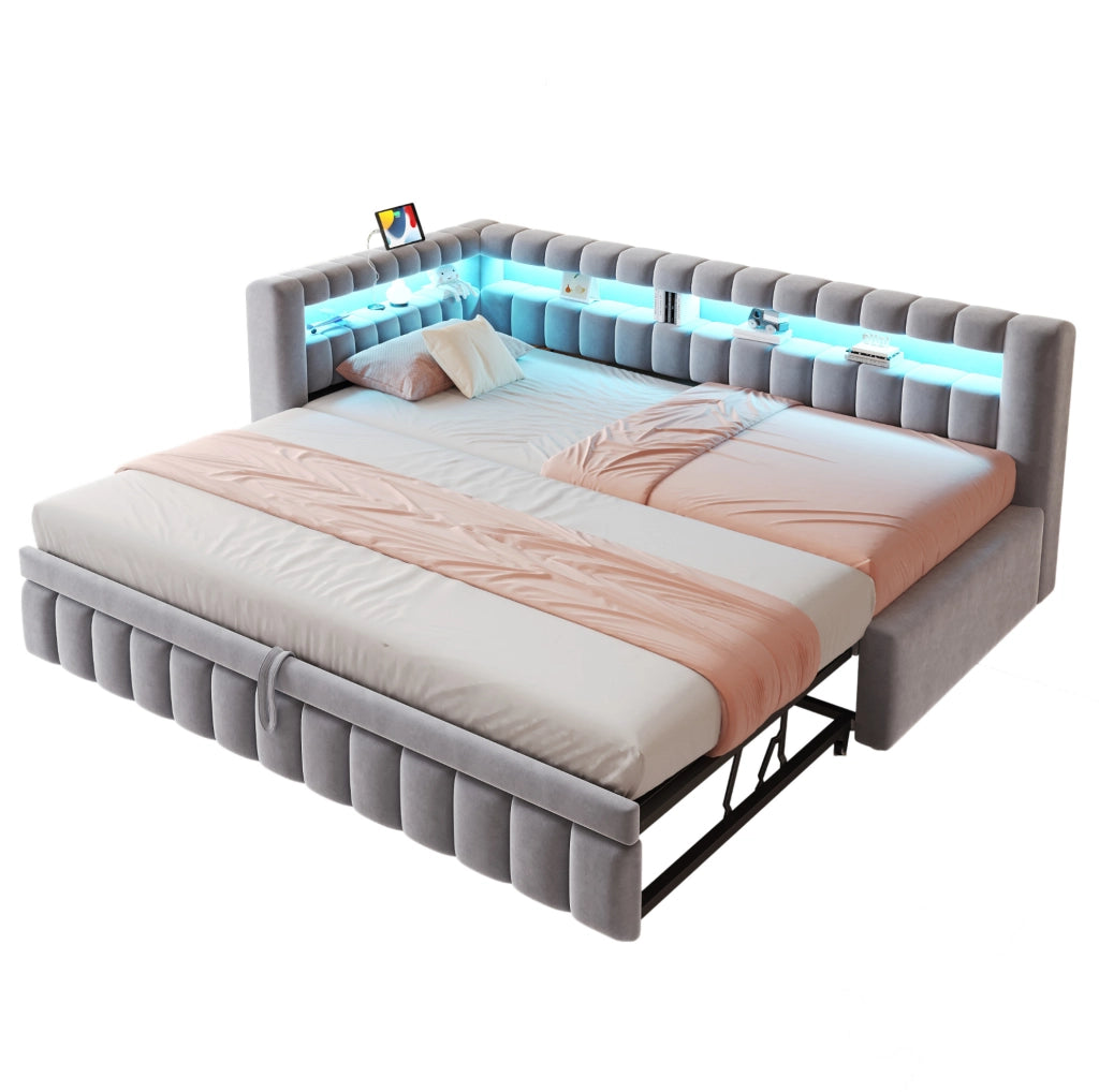 Letto imbottito trasformabile 90x200 cm con LED; USB e ripiani integrati; velluto grigio chiaro
