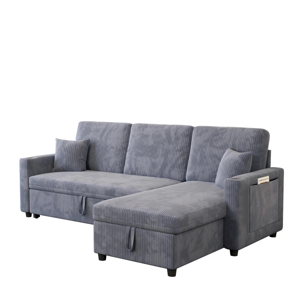Divano letto angolare modulare - con contenitore; USB e tavolino - in corduroy grigio