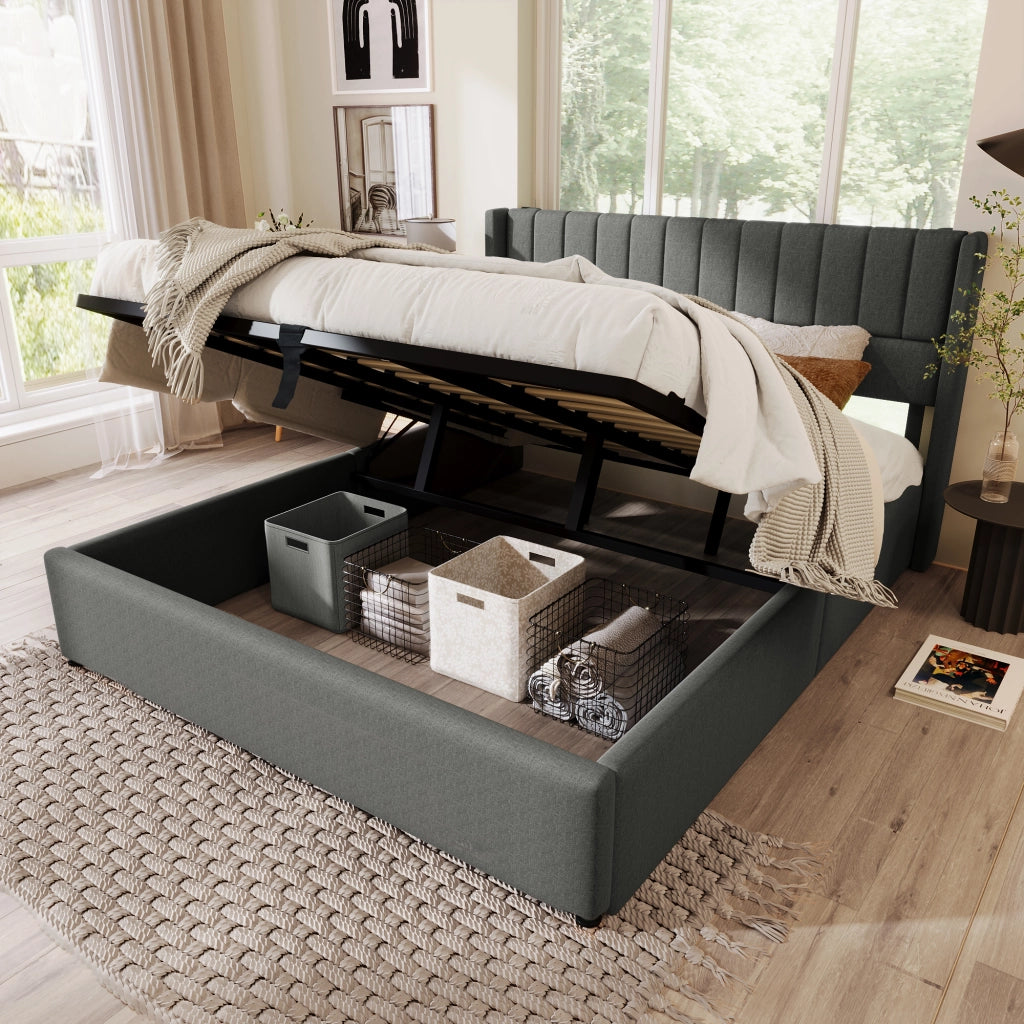 Letto contenitore per adulti 140x200 cm con sollevamento idraulico; testiera imbottita; lino grigio