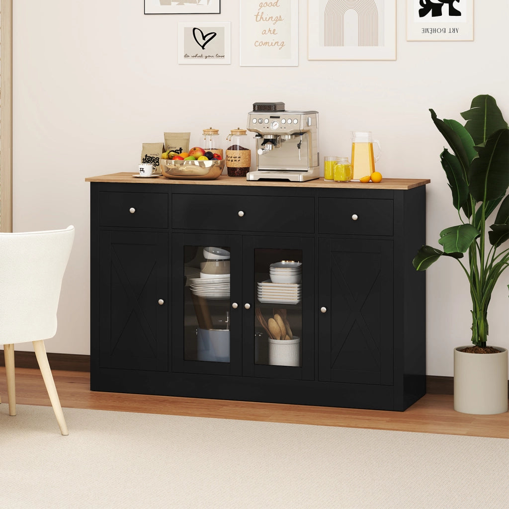 Buffet laterale grande 140 cm con 3 cassetti 2 ante trasparenti-Armadio da Cucina Mobiletto moderno con ripiani regolabili per sala pranzo Nero