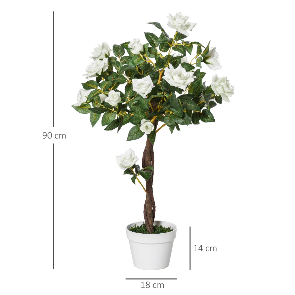 Pianta Finta di Rosa da 21 Fiori con Vaso Riempito in Cemento e Muschio, Pianta Artificiale Anti-UV in Plastica e Tessuto, ?18x90 cm, Bianco e Verde