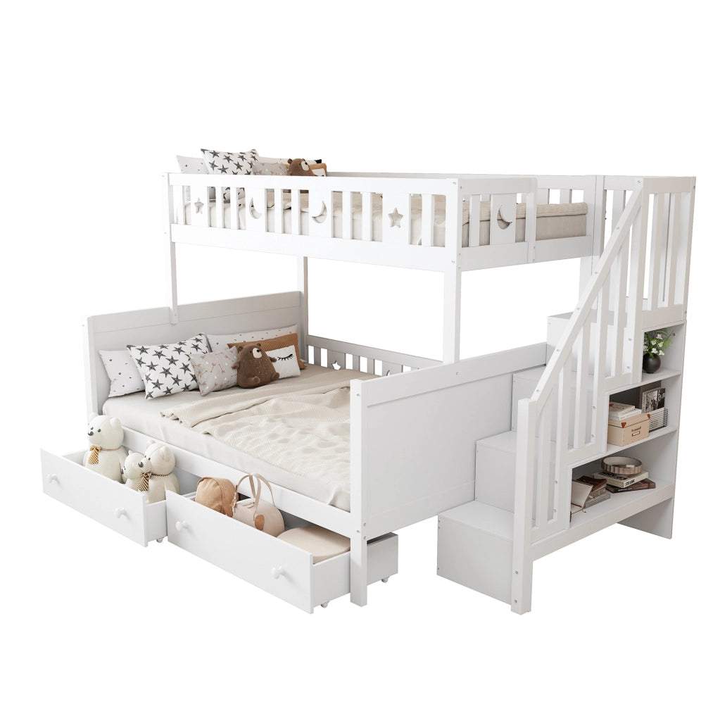 Letto a castello per bambini 90x200/140x200 cm con scala contenitore e cassetti bianco