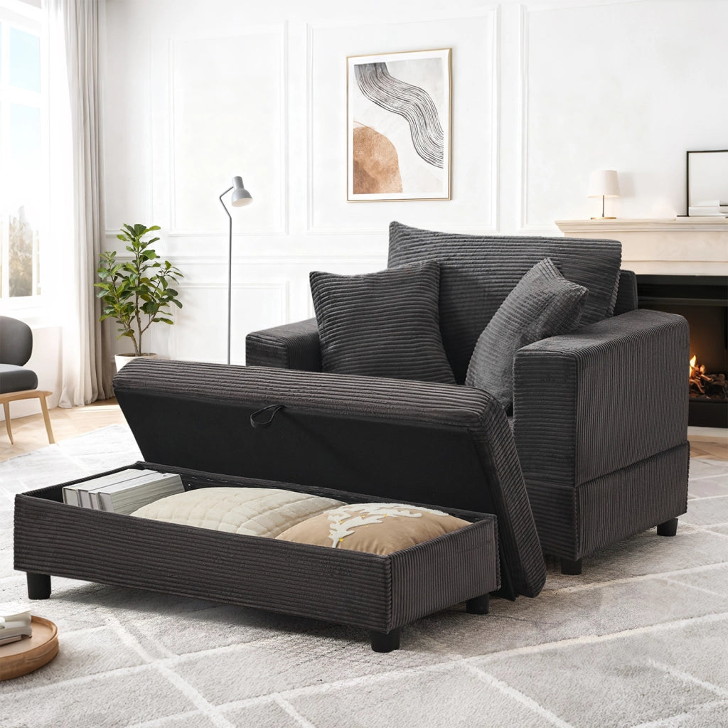 Chaise longue con contenitore e Cuscini in Tessuto a coste Grigio