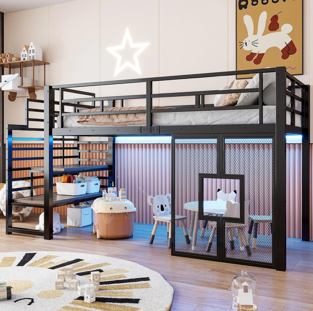 LETTO a soppalco in metallo 90x200 cm Nero con scala e luci LED