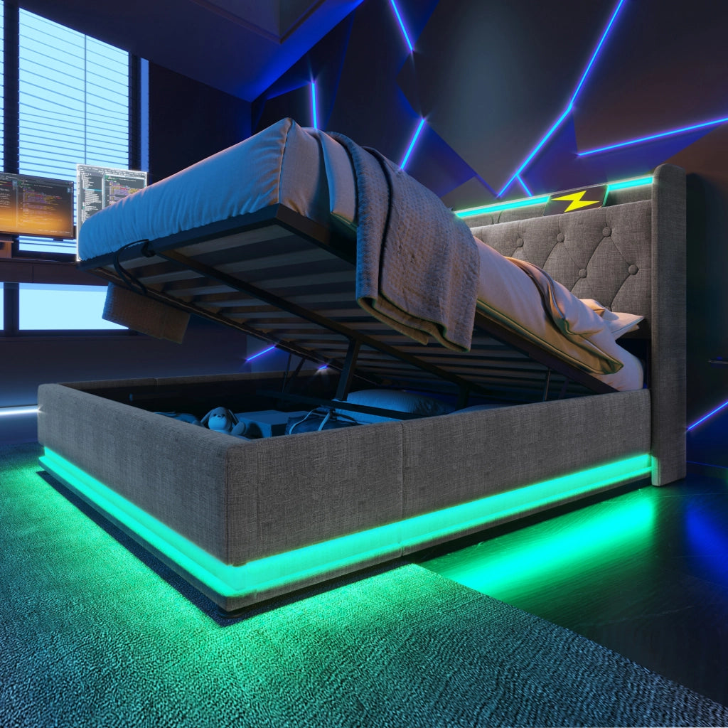 Letto contenitore 160×200 cm grigio con LED e USB