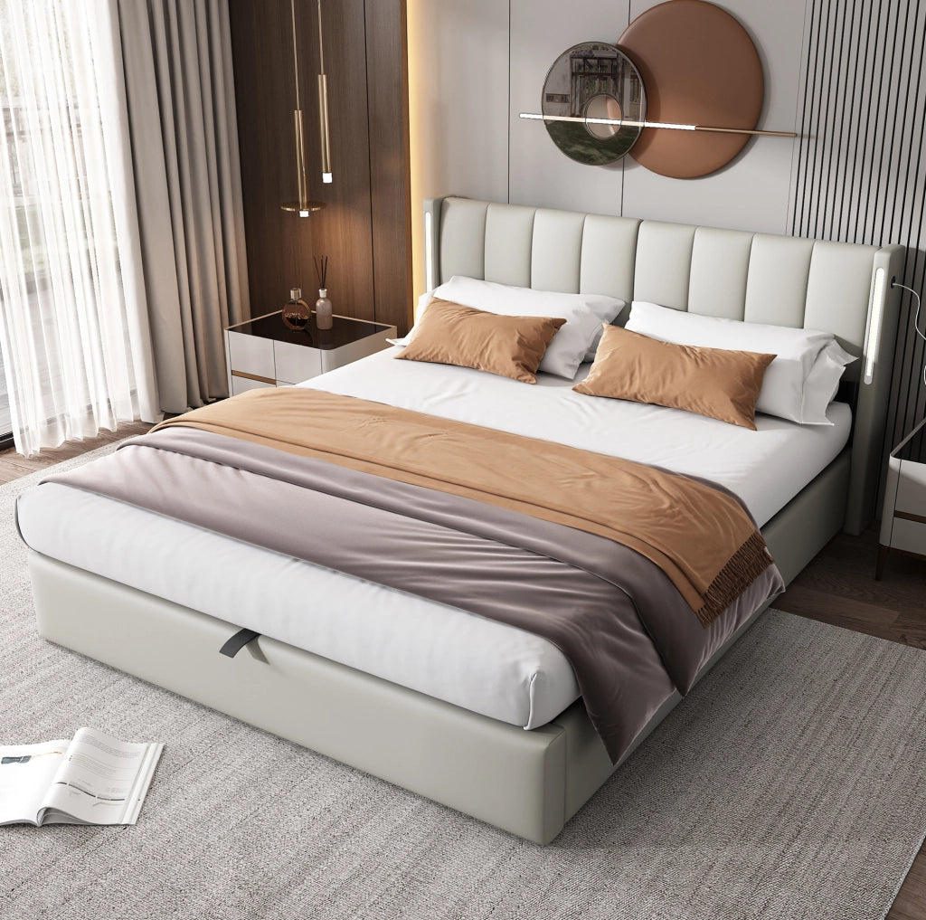 Letto imbottito grigio 140 x 190 cm con LED, USB e contenitore