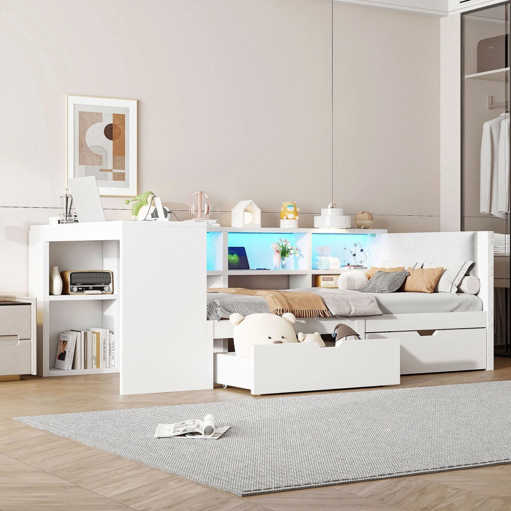 Letto a piattaforma in legno 90x200 cm con testiera imbottita, cassetti, ripiani, stazione di ricarica e luci LED colorate, bianco