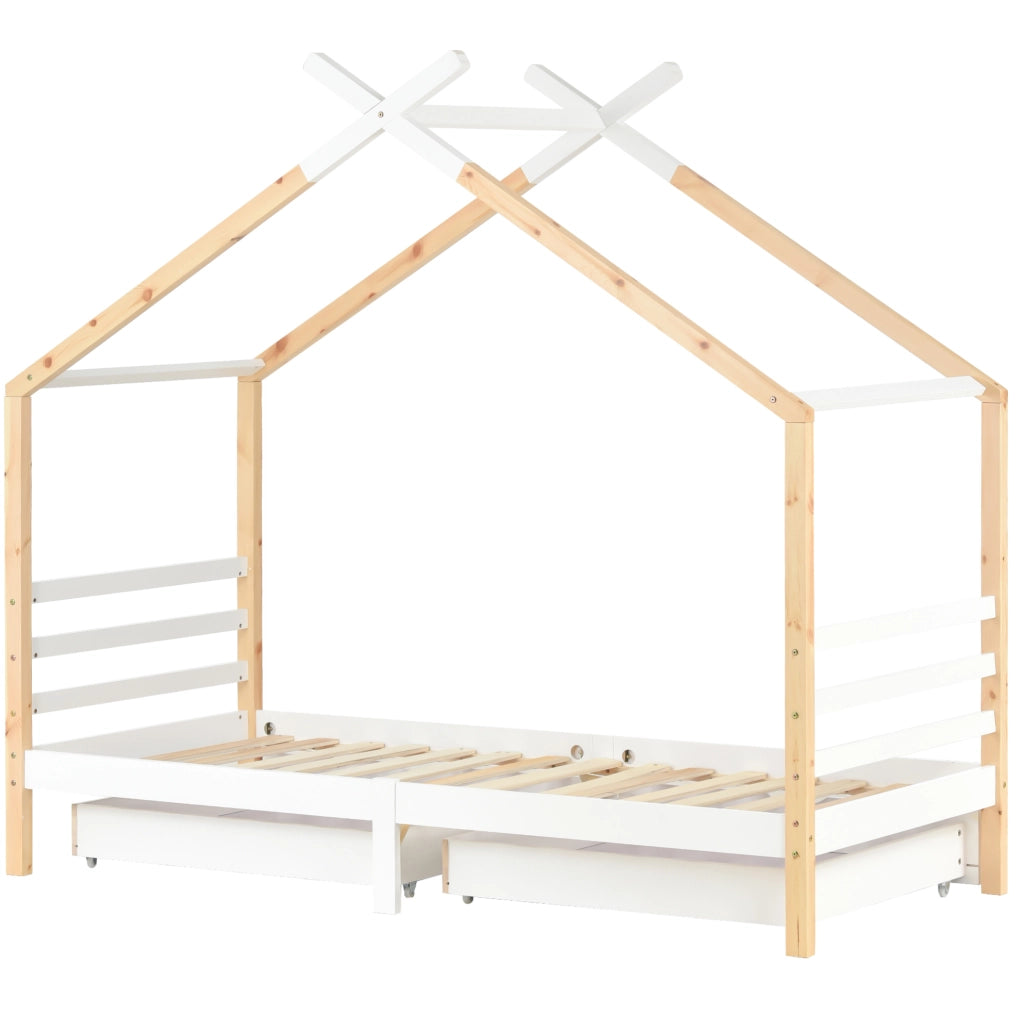 Letto a casetta 90x200 cm con cassetti e rete in pino massello e MDF bianco