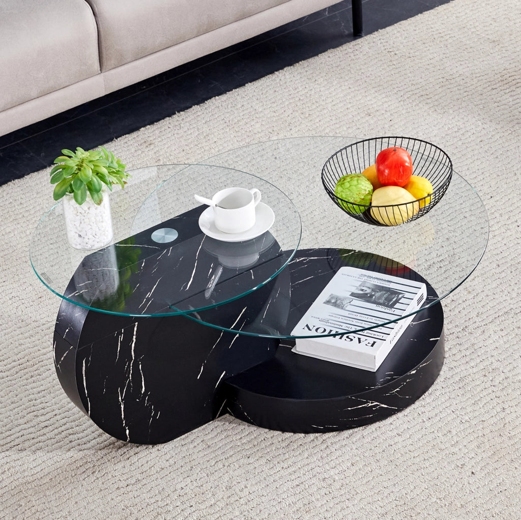 Tavolino da caffè moderno in MDF e vetro temperato, design multilivello nero
