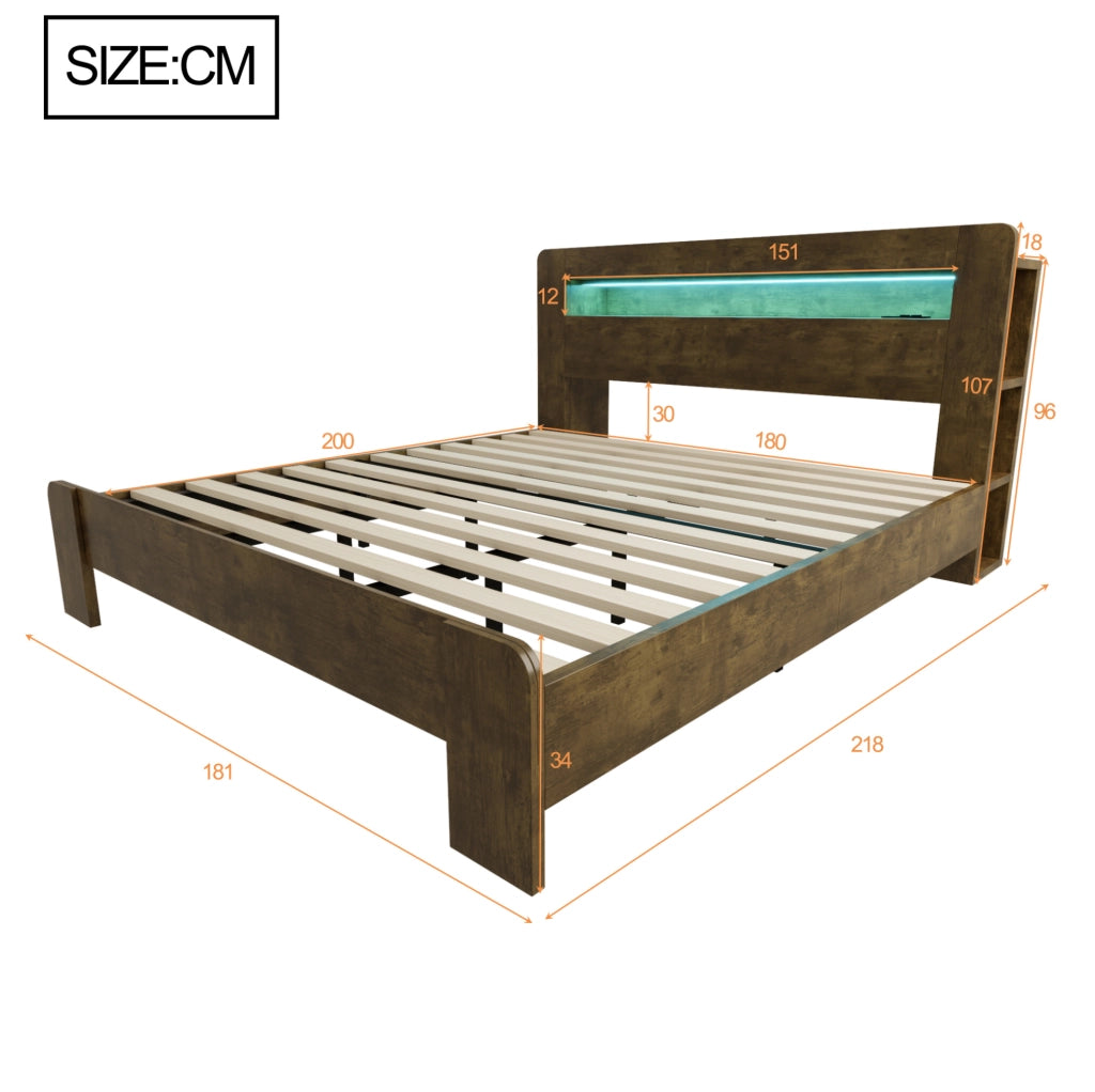Letto a piattaforma 180x200 cm con testiera contenitore, LED e prese in legno