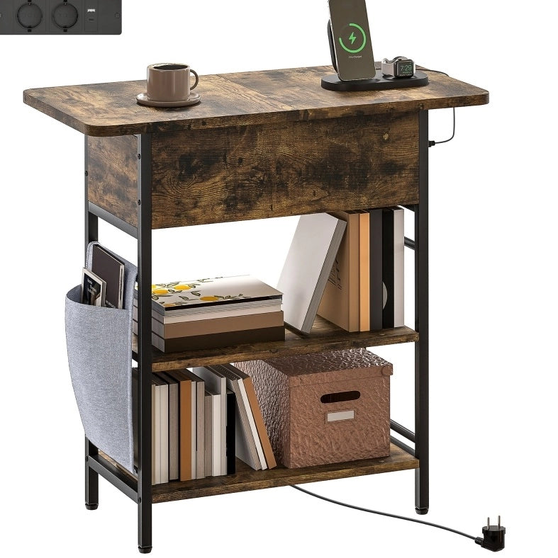 Comodino con prese e USB, 2 ripiani, marrone rustico