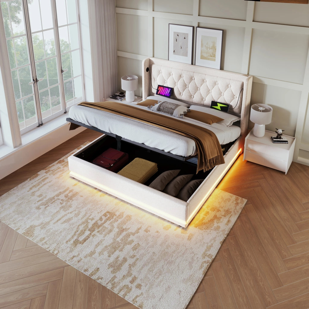 Letto matrimoniale imbottito beige 140x200 cm