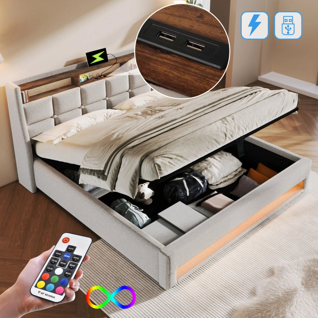 Letto imbottito 160x200 cm beige con LED, USB e vano contenitore