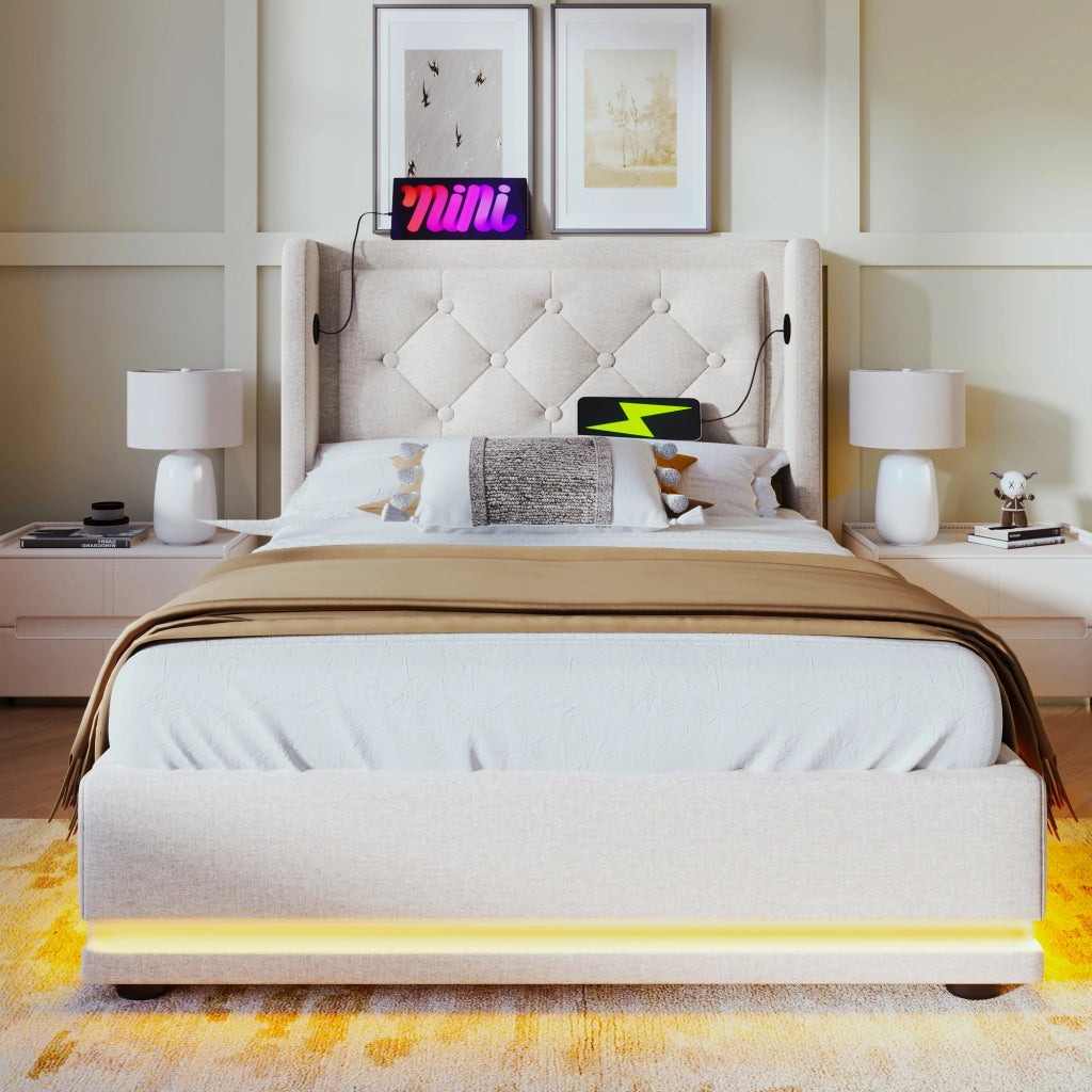 Letto singolo con contenitore 90 × 200 cm idraulico testiera imbottita USB Type-C LED in cotone beige