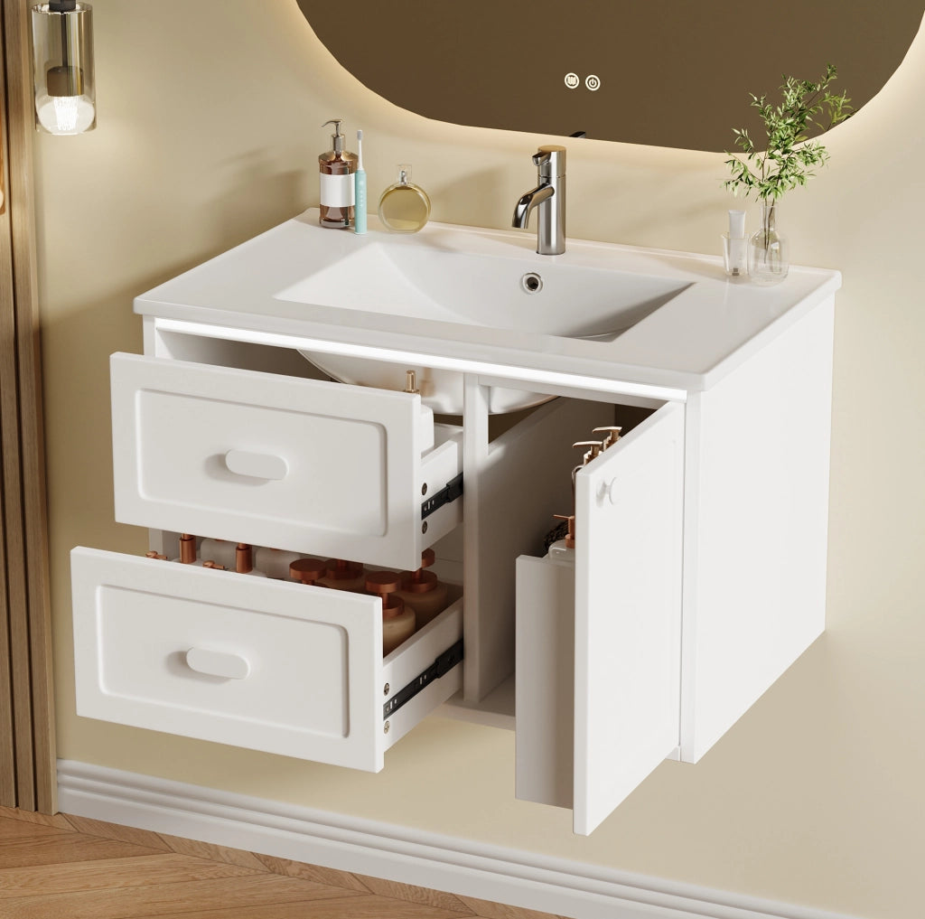 Mobile lavabo da bagno sospeso 76x46x51 cm in MDF laccato con lavabo in ceramica, 2 cassetti, LED con sensore radar, bianco