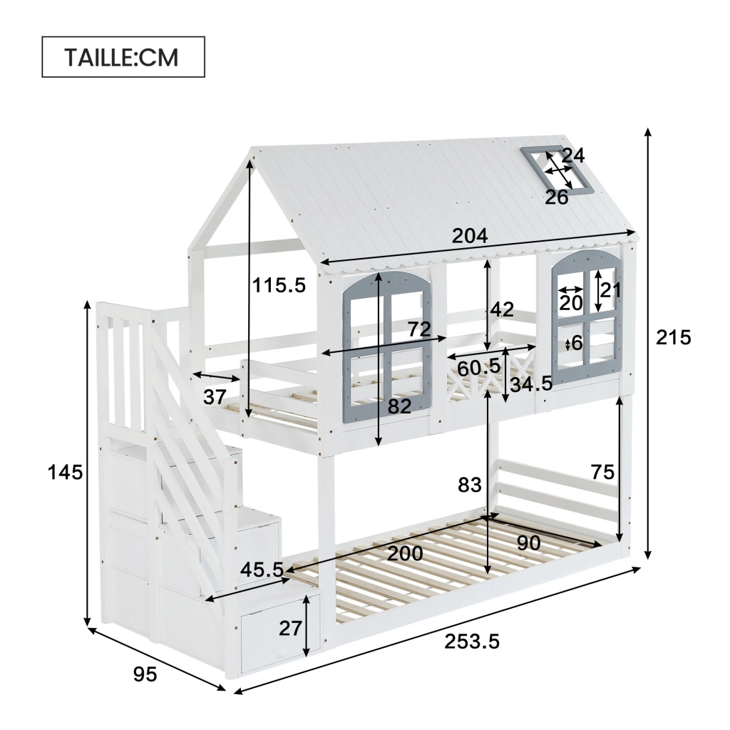 Letto a castello per bambini 90 × 200 cm 2 posti con scala e 3 armadietti; senza materasso; bianco e grigio